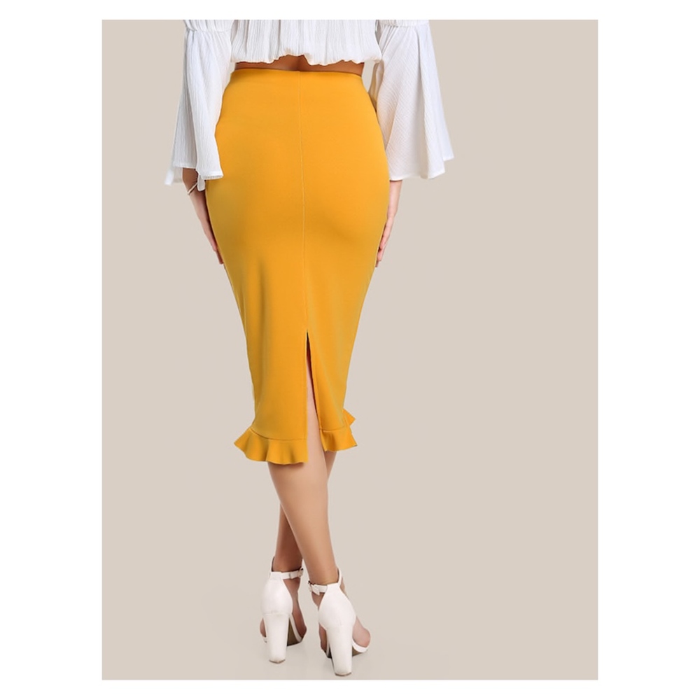 Yellow Ruffle Hem Bodycon Midi Pencil Skirt - Picture 3 of 5